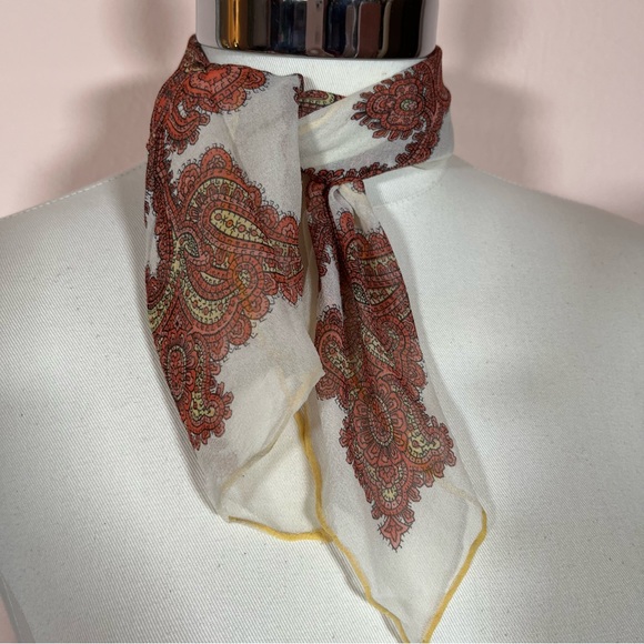Vintage 1970’s Burnt Orange Rust Paisley floral fairycore semi sheer neck scarf - Picture 14 of 14